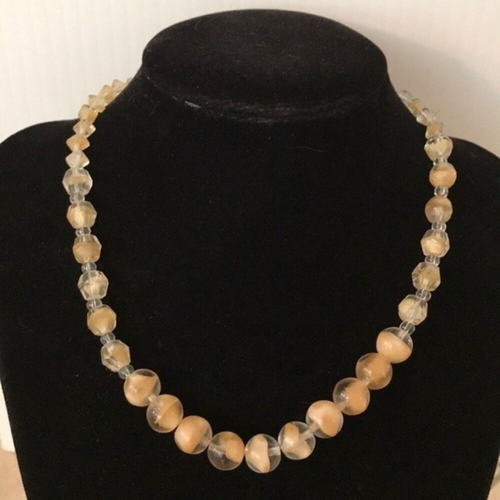 Vintage Gold Tan Glass Bead Choker Necklace Sterling Silver Toggle Clasp 15.5 In